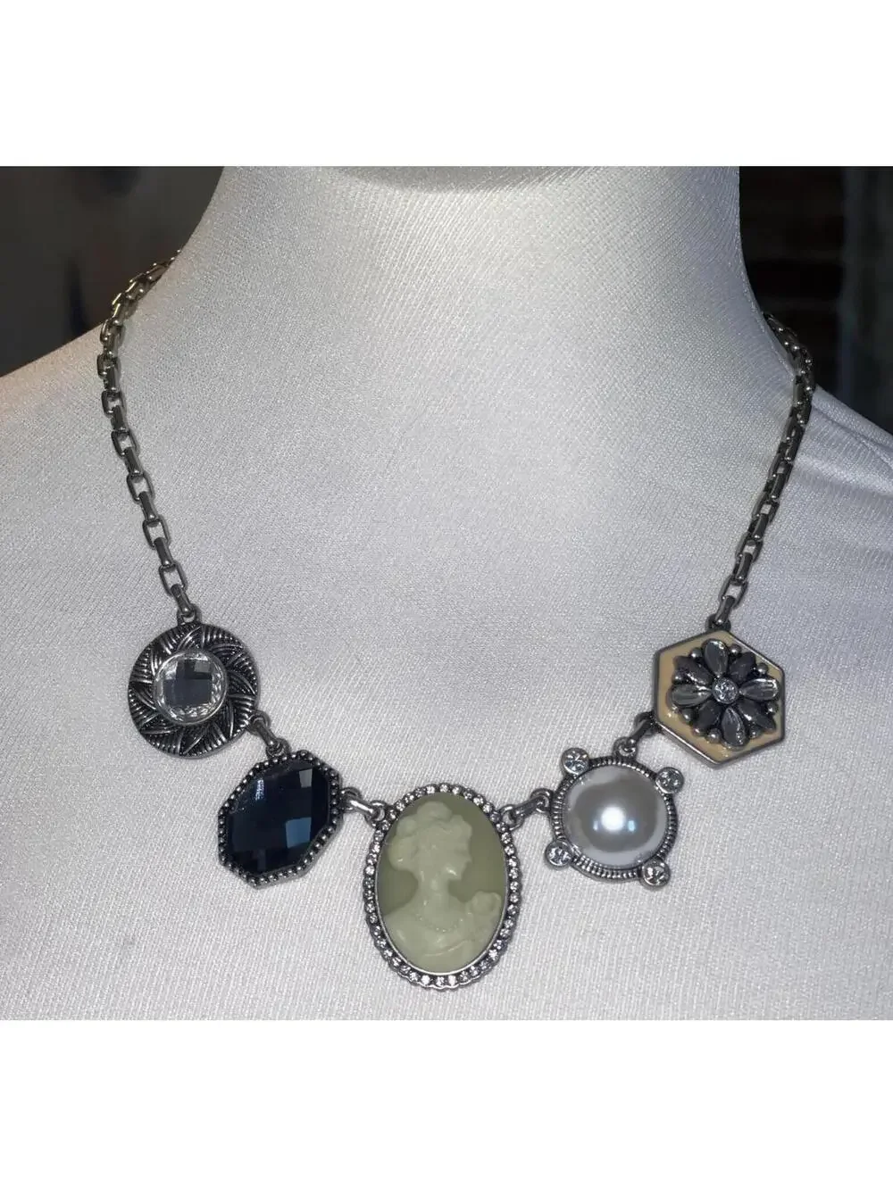 Tia Sophia Vintage Style Mixed Charm Necklace with Cameo and Faux Pearl